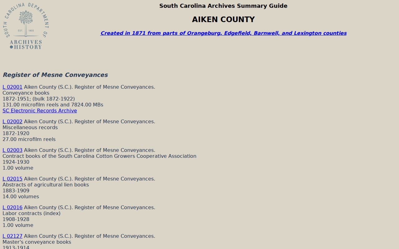 Aiken residents directory County Records guide at South Carolina Archives