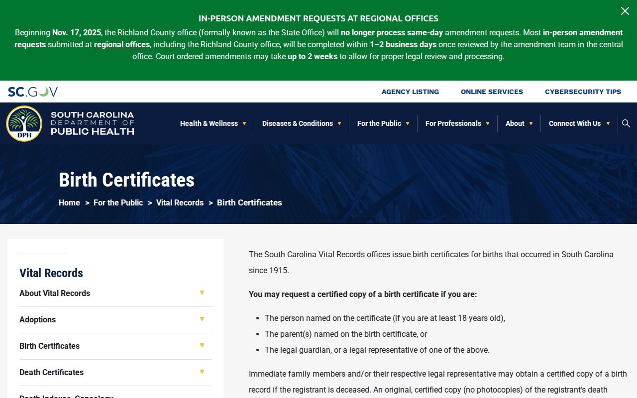 Aiken resident lookup South Carolina birth record request page
