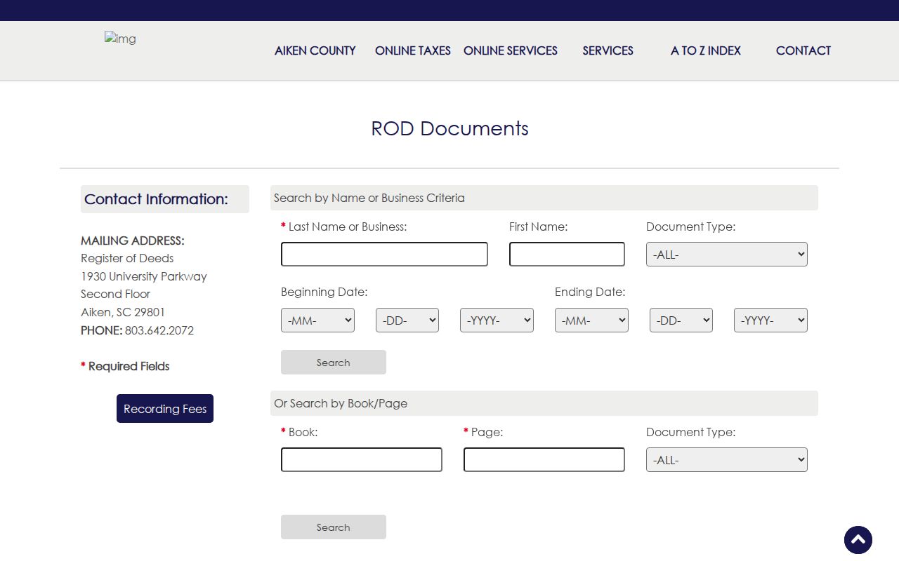 Aiken residents directory Register of Deeds name and book page search form