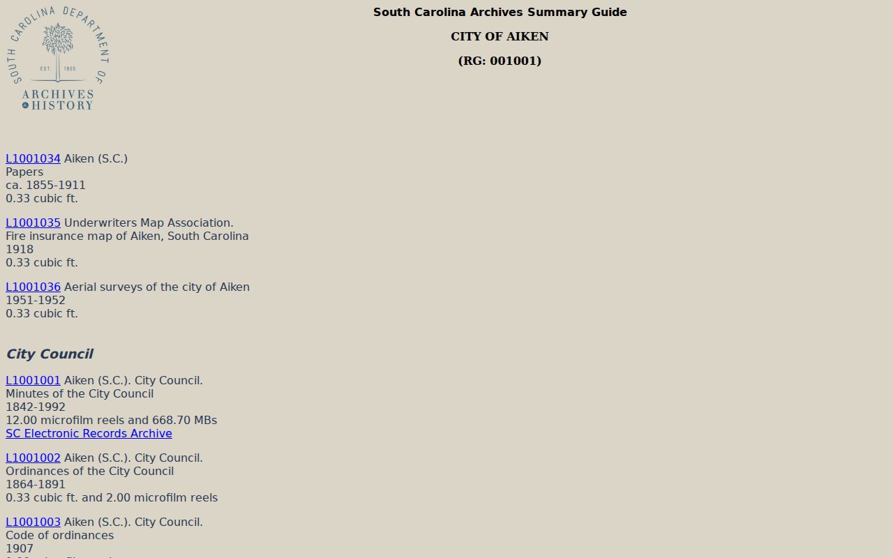 Aiken previous residents municipal records guide at South Carolina archives